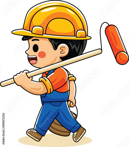 Construction Boy Worker with Paint Roller 