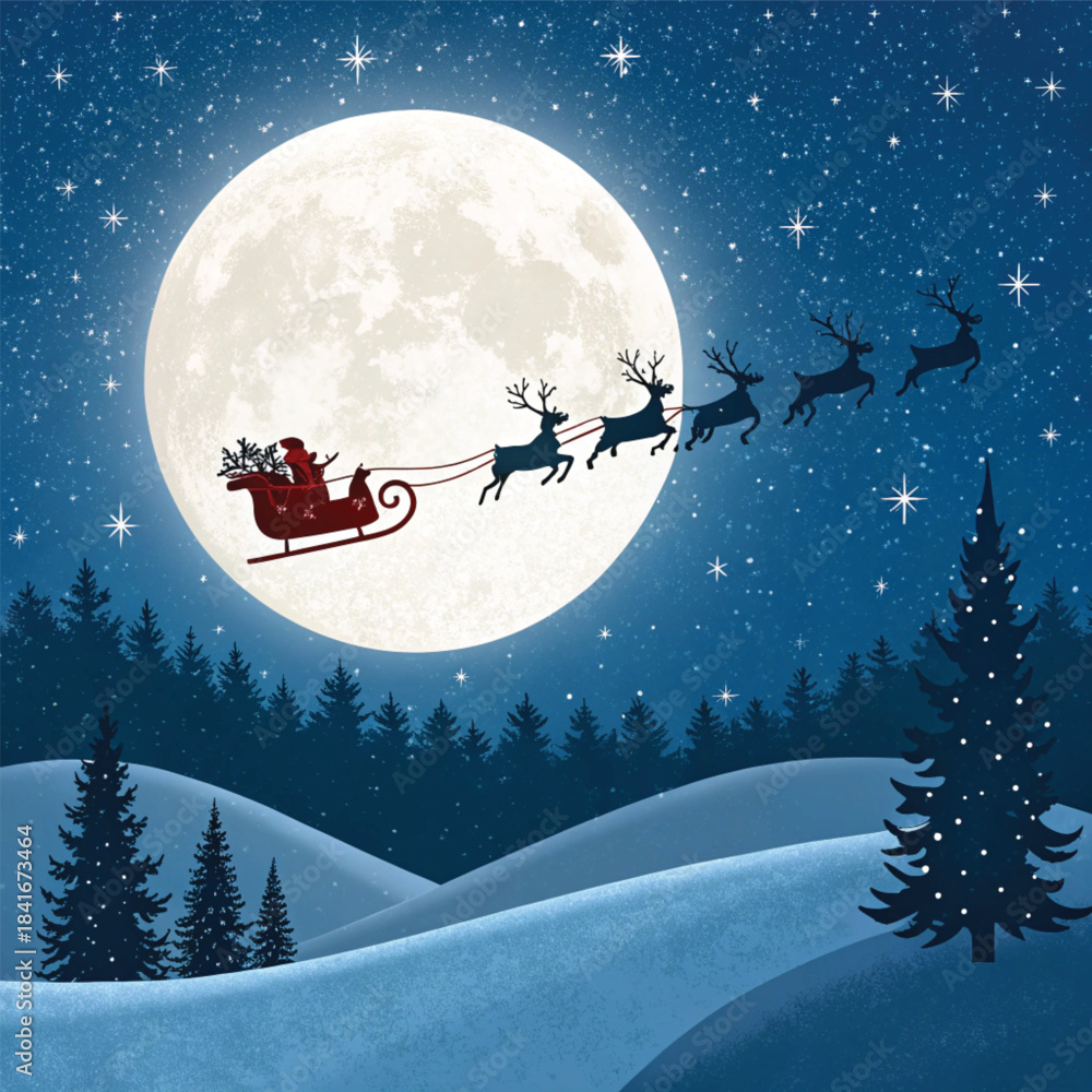 Naklejka premium Santa Claus on a sledge in a snowy winter night forest landscape illustration