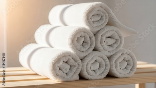 Clean Rolled White Spa Towels Stacked for Bathroom and Wellness