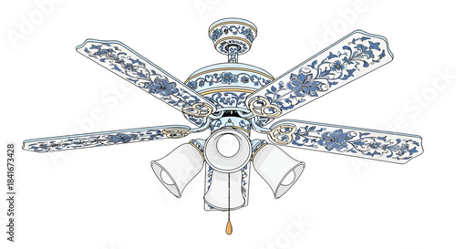 Elegant ceiling fan with intricate floral patterns and attached lighting fixture design illustration