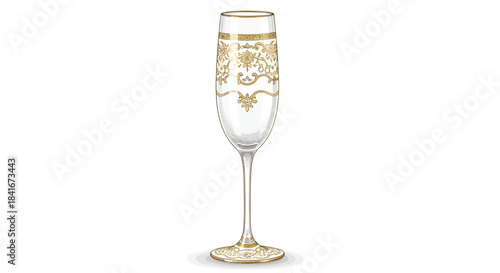 Elegant crystal champagne flute adorned with intricate golden filigree designs artwork
