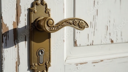 Vintage Antique Brass Door Handle on Wooden Door