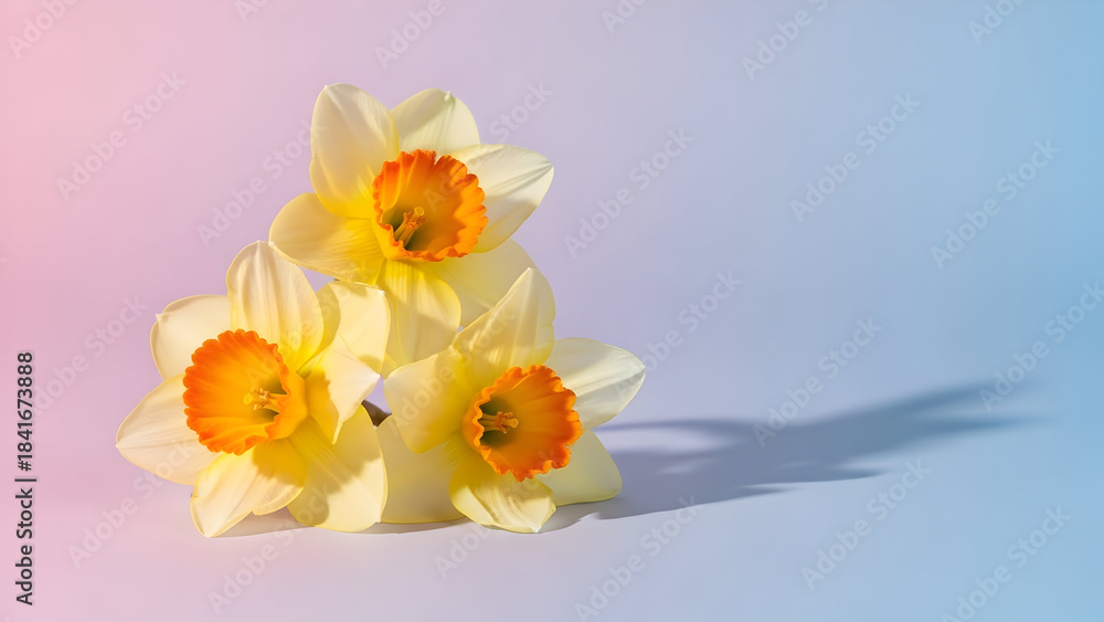Obraz premium Delicate arrangement of fresh daffodil flowers with soft pastel background emphasizing springtime