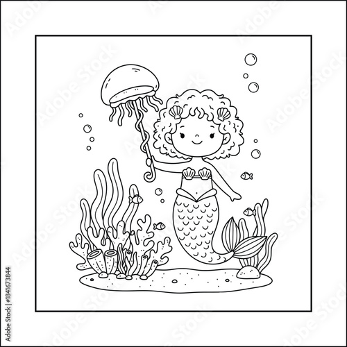 mermaid coloring page line art vector
