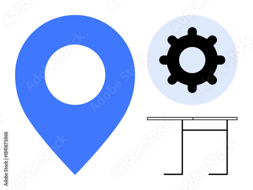 Location tracking, workflow automation, workplace design, project management, digital tools, navigation. Blue map pin, gear and a minimalist desk design. Location tracking and workflow automation