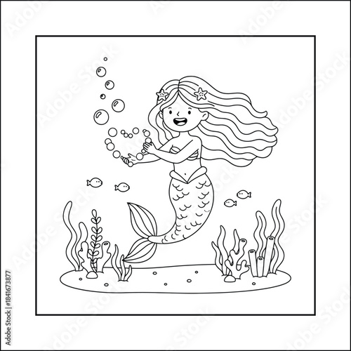 mermaid coloring page line art vector