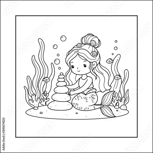 mermaid coloring page line art vector