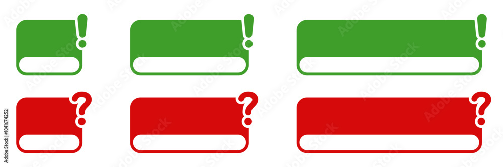 Obraz premium Exclamation and Question Marks for Alert and Notification Box Attention. Text banner and important frame. Green and Red Message Label. Isolated Vector Illustration