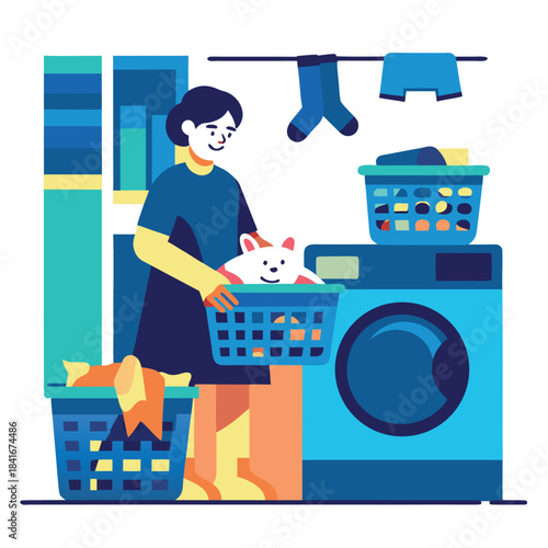 Woman Doing Laundry With Cat In Basket, Household Chores Concept