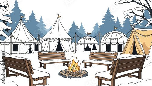 Cozy winter campsite scene featuring illuminated tents and a central bonfire surrounded by snow covered benches