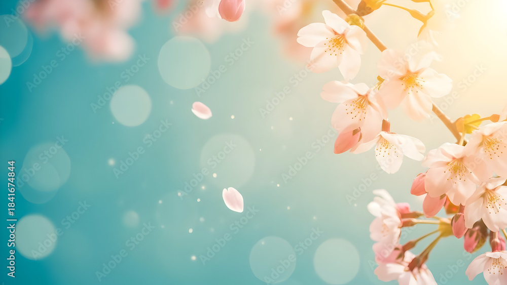 Fototapeta premium Delicate cherry blossom branches in soft sunlight with floating petals and bokeh effect capturing