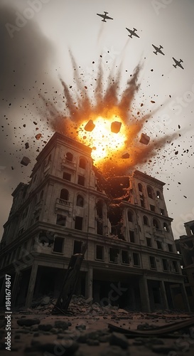 A tall building is hit by an explosion during wartime. Debris and smoke fill the air as warplanes fly overhead
