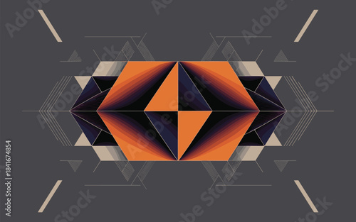 Symmetrical geometric pattern with triangles and lines in shades of orange and gray