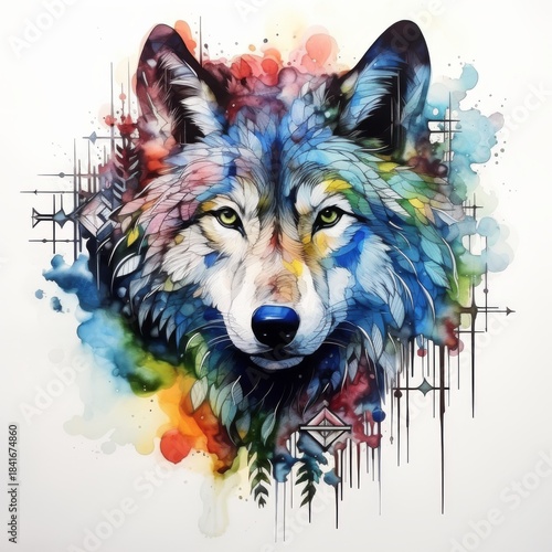 Majestic Watercolor Wolf Portrait. Spirit of Forest. Wild Animal Mascot. powerful and Cruel Wild Dog Face Portrait Watercolor Art. 
