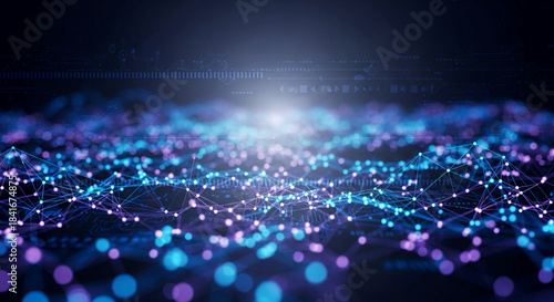 Dynamic digital network of interconnected nodes glows with vibrant blue and purple light symbolizing global data flow and future technology innovation