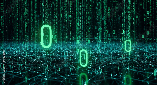 Stunning digital matrix rain cascades over a glowing abstract network grid representing global data flow and cybersecurity threats