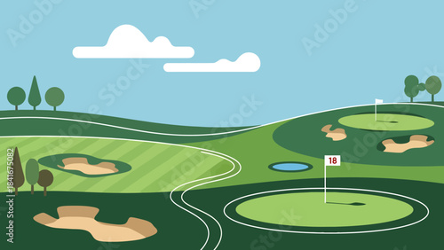 Serene Golf Course Landscape with Greens Fairways and Bunkers