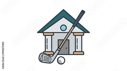 Golf Club and Ball by Building Icon Represents Sport and Leisure Activity
