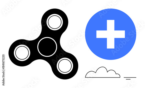 Fidget spinner. Black fidget spinner alongside a medical blue plus symbol and minimalistic cloud sketch. Fidget spinner stress relief and support for wellness-related concepts. Ideal for health