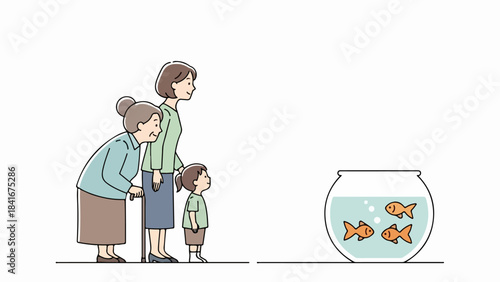Three generations fish, grandmother, mother, and child watch goldfish in glass bowl. Three generations fish scene depicts family connection, shared moments, wonder.