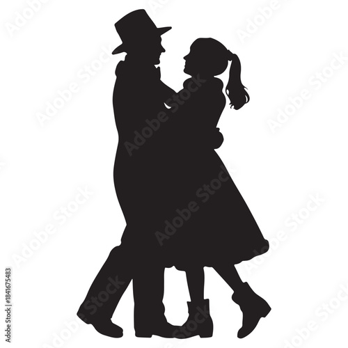 Silhouette of a couple dancing joyfully together in a romantic embrace