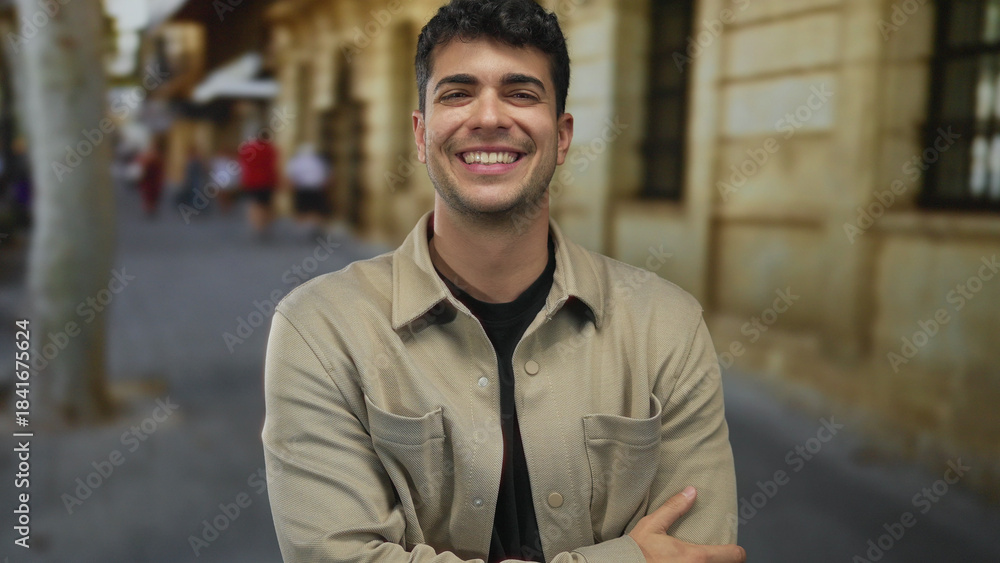 Fototapeta premium Man places arms forward, crosses them firmly, then stands on street corner, guy showing young hispanic urban smiling confidence.