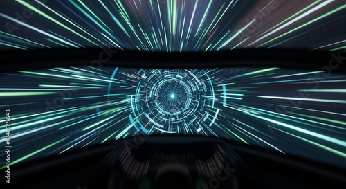 Experiencing exhilarating hyperspace jump through a vibrant digital wormhole from a cockpit view at incredible speed