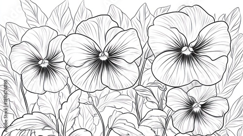 Floral illustration, botanical garden design, floral arrangement of pansies, decorative nature artwork background