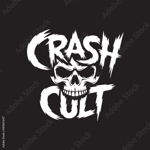 “CRASH CULT” Bold Skull Logo with Distressed Rock & Roll Typography on Black Background