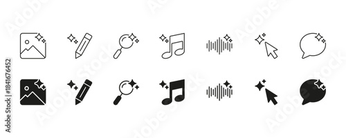 Sparkling Multimedia And Communication Icon Set. Creative Content Creation And Digital Interaction Outline And Silhouette Icon. Visual, Audio, And Text Editing Elements. Isolated Vector Illustration