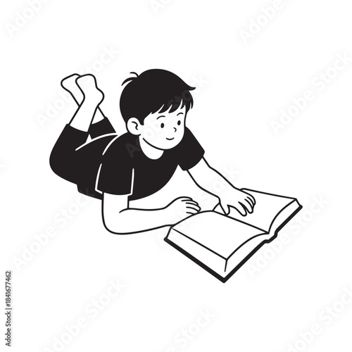 Young Boy Enthusiastically Exploring New Worlds While Reading His Favorite Book. 