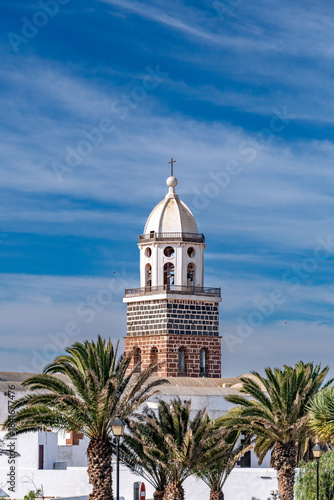 Canary Islands small town, town square and historic buildings church on the island of Lanzarote.