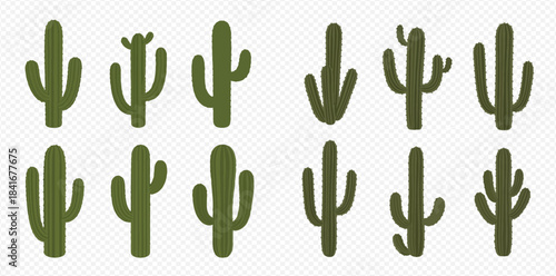 Collection of various green cactus icons on a transparent background, representing desert plants and succulents.