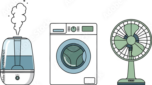 Flat Vector Home Comfort Set – Humidifier, Washer, Fan