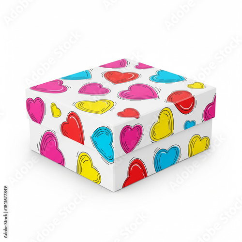 Colorful hearts adorn a white gift box a charming presentation