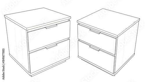 Two modern nightstands with two drawers, furniture outline drawing for architectural projects 