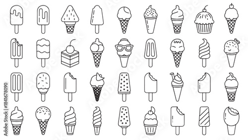 Ice cream treat illustration grid with cones, popsicles, sundaes, sandwiches, and cupcakes