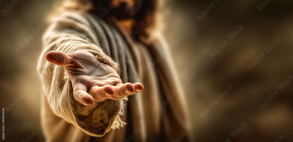 Naklejka premium Hand of Jesus Christ Reaching Out Banner with Copy Space