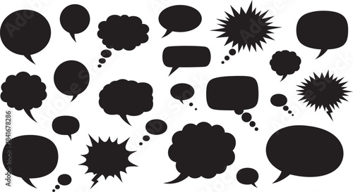 Collection of black speech bubbles and comic book elements on a white background