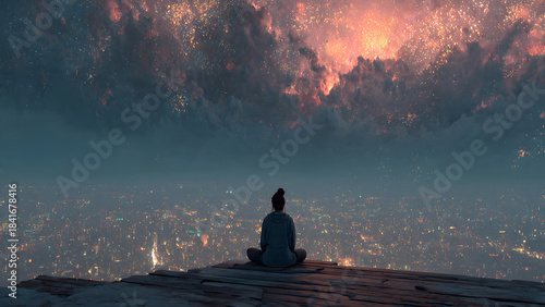 City's Dawn: A figure sits in tranquil meditation, overlooking a vibrant city at dawn, symbolizing inner peace and the fusion of urban and natural elements.