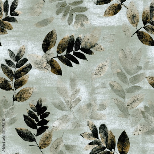 Seamless Pattern with Abstract Leaf Motifs in Neutral Tones.
