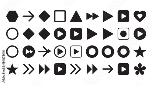 Geometric and symbolic black-and-white icon grid with arrows, shapes, and media controls