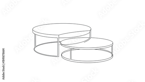 Set of two round nesting coffee tables, line art illustration for architectural projects vector design 
