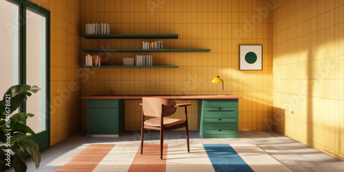 A modern workspace featuring a wooden desk, green cabinets, a stylish chair, and warm yellow walls, illuminated by natural light.