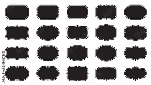 Black decorative labels and frames grid with rectangular, oval, and ornate styles for design use