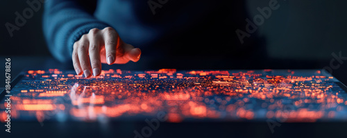 A hand interacts with a glowing digital map, showcasing vibrant lights and intricate details in a dark setting, suggesting advanced technology and exploration.