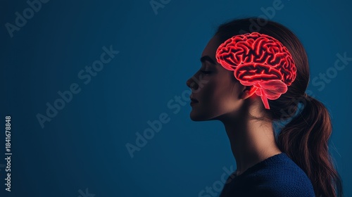 A silhouette of a woman with a glowing red brain illustration above her head, symbolizing thoughts, intelligence, and creativity.