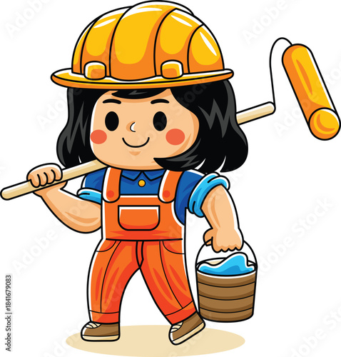 Construction Girl Worker with Paint Roller 