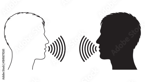 Dual profile communication illustration with black and white faces and symmetrical sound waves