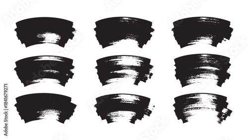 Semi-circular brushstroke grid with varied black ink textures and expressive artistic strokes